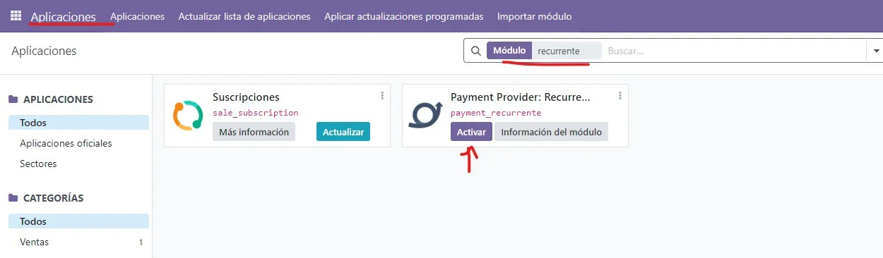 Búsqueda del módulo Recurrente en Aplicaciones de Odoo con flecha en el botón Activar