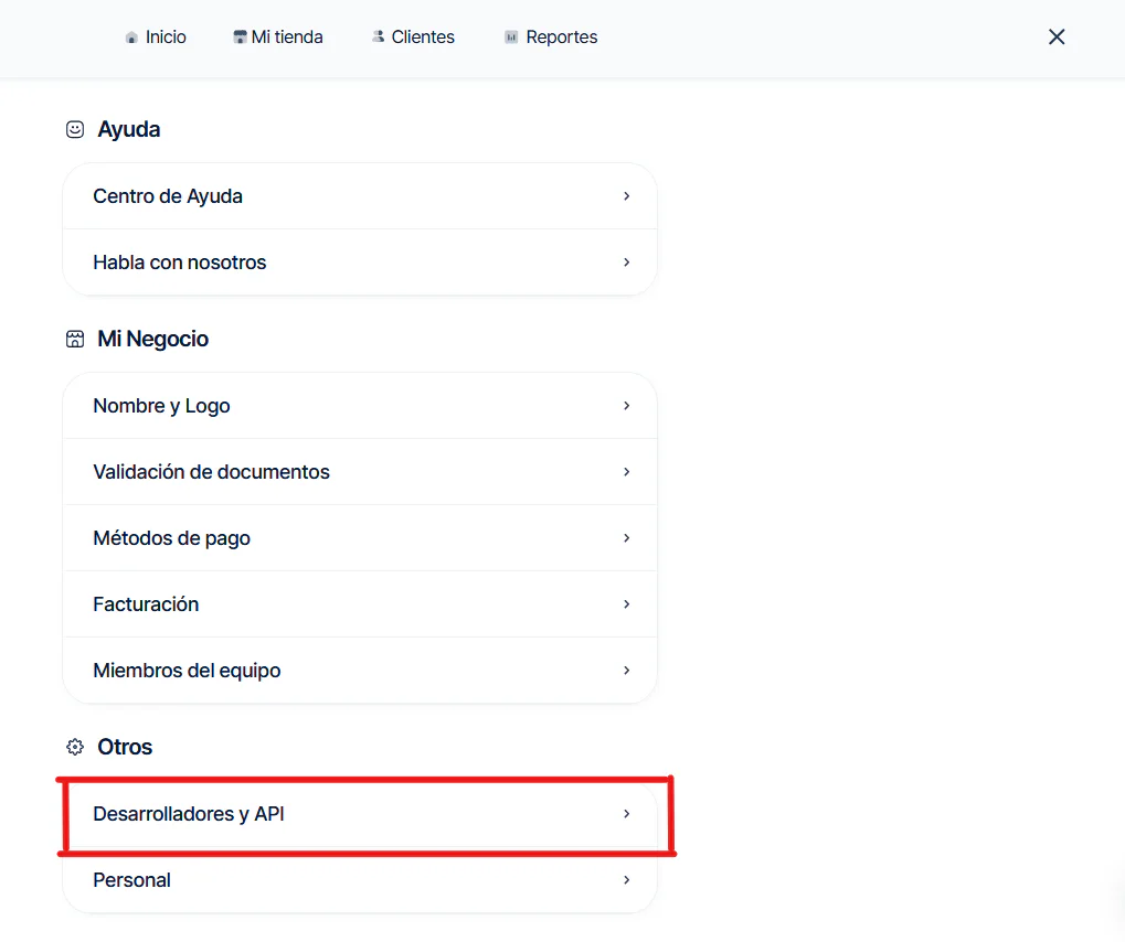 Menú de cuenta de Recurrente con la opción Desarrolladores y API resaltada