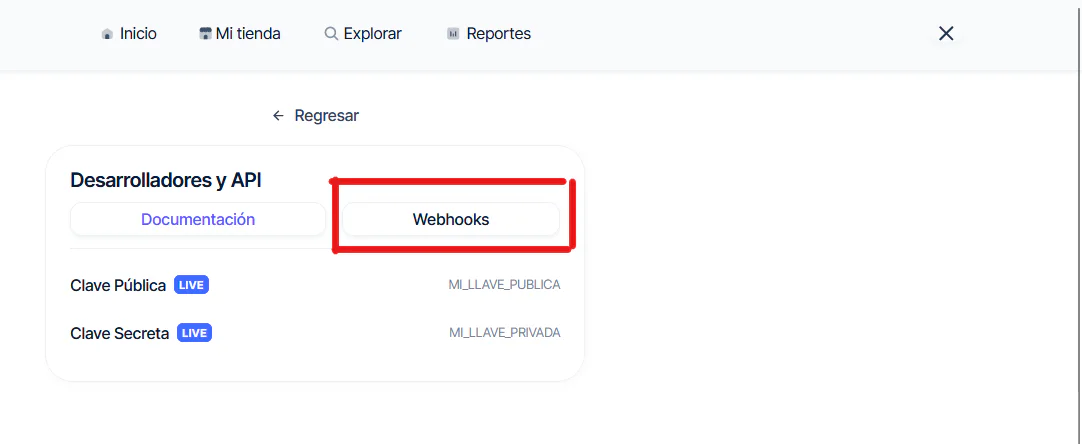 Sección Desarrolladores y API con el botón Webhooks resaltado