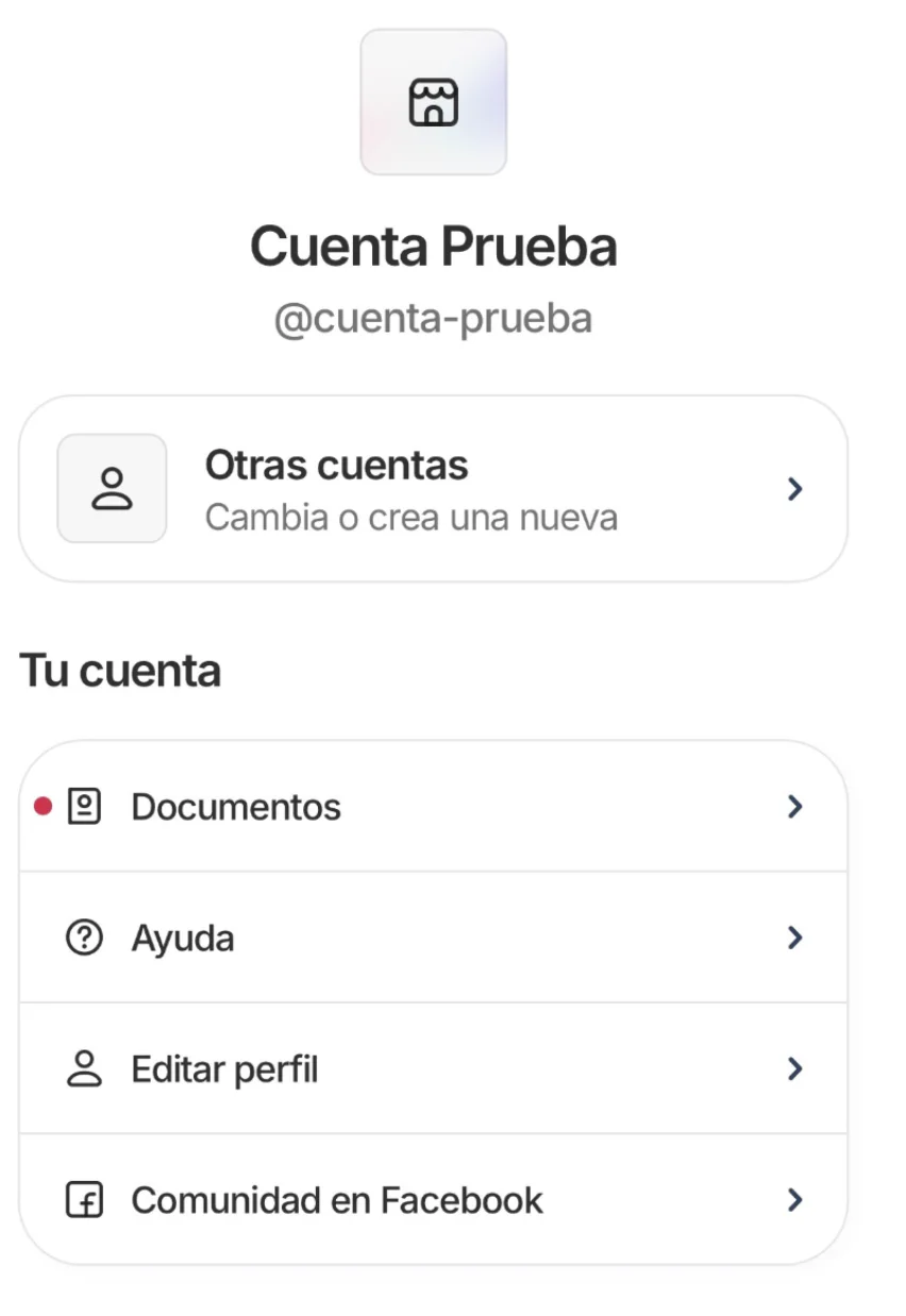 Menú de cuenta con la opción Documentos resaltada en la sección Tu cuenta