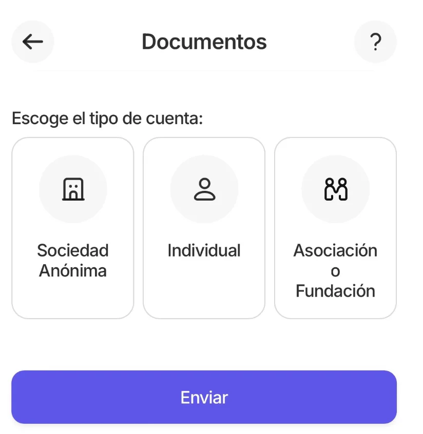 Pantalla Documentos con los tipos de cuenta: Sociedad Anónima, Individual y Asociación o Fundación