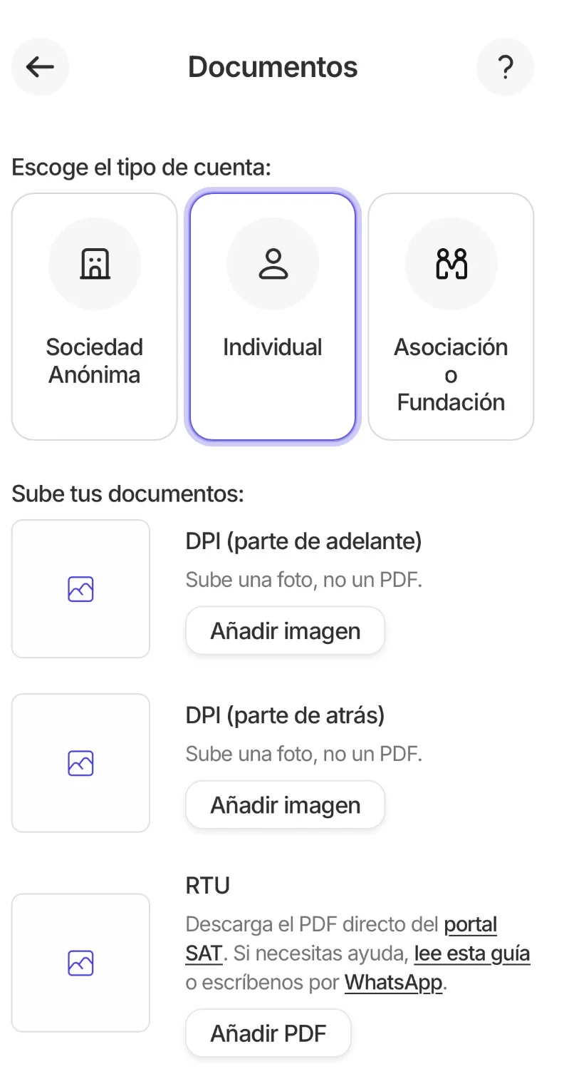 Formulario de cuenta Individual para subir DPI (adelante y atrás) como foto y RTU en PDF