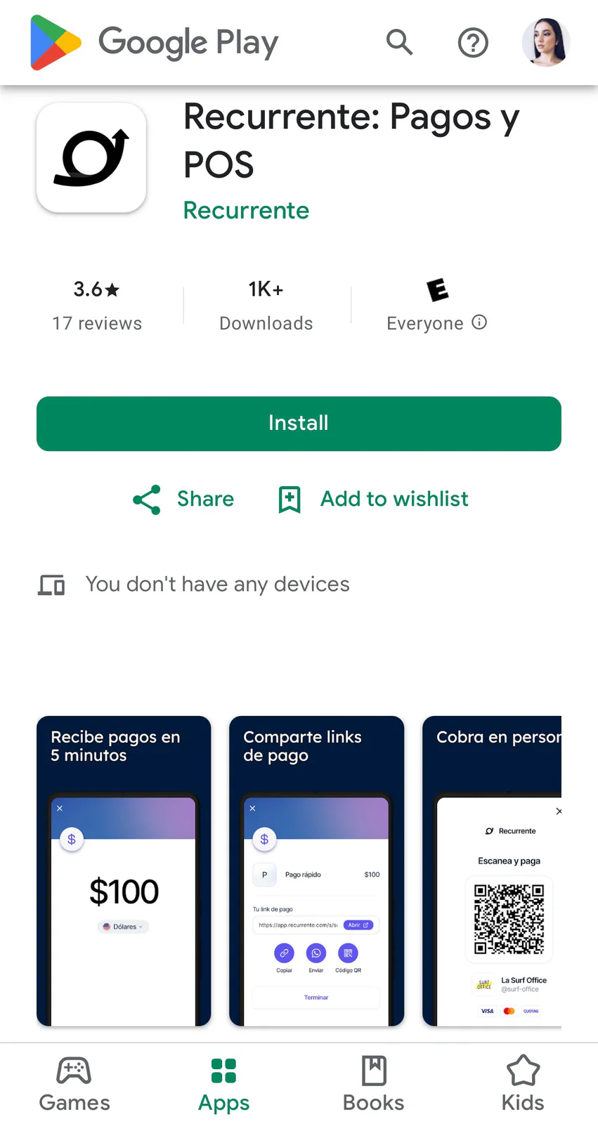 Ficha de la app Recurrente: Pagos y POS en Google Play con el botón Install