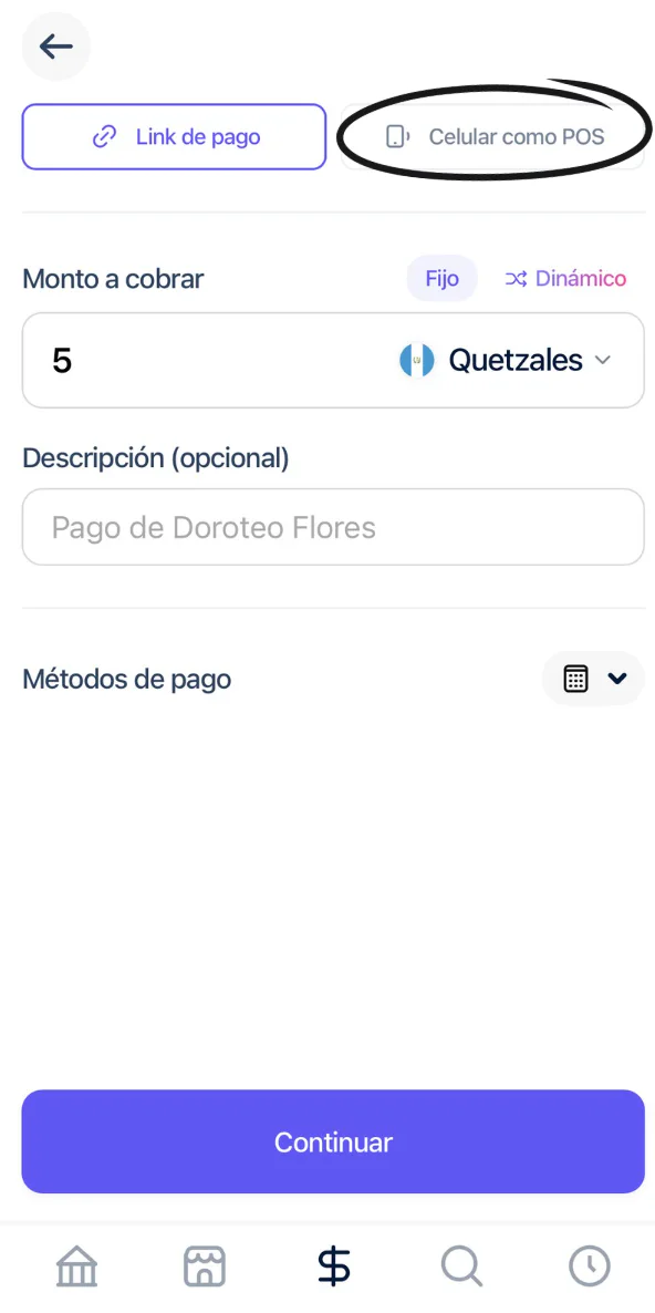 Opciones de cobro con la pestaña Celular como POS resaltada