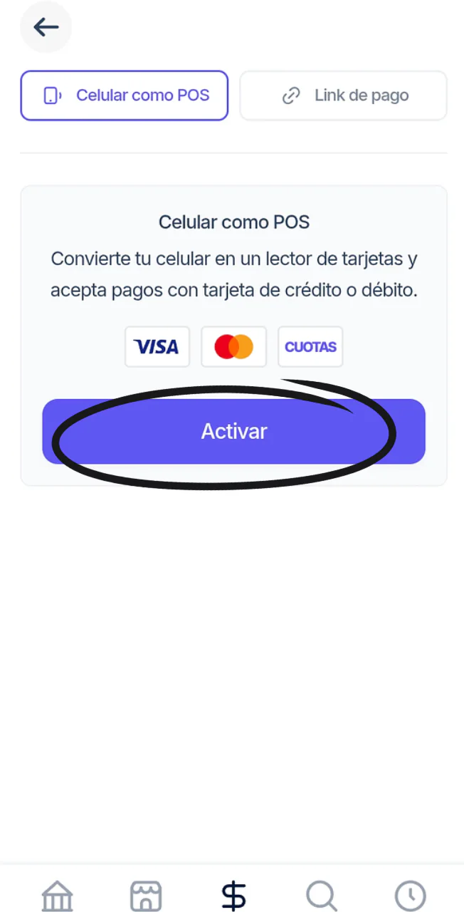 Panel Celular como POS con logos de Visa, Mastercard y Cuotas y el botón Activar resaltado