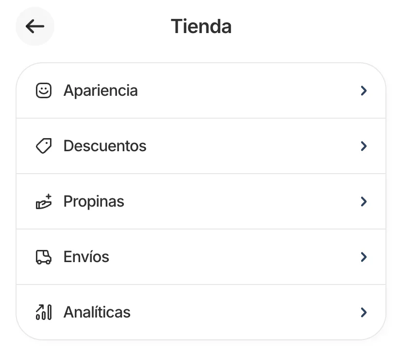 Menú de Tienda con las opciones Apariencia, Descuentos, Propinas, Envíos y Analíticas