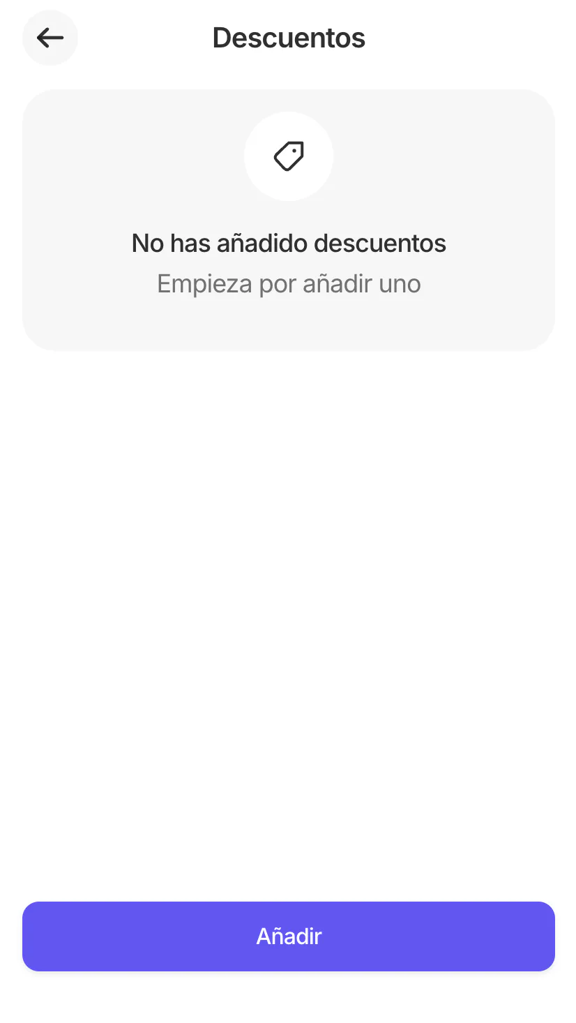 Pantalla de Descuentos sin descuentos añadidos y botón Añadir en la parte inferior