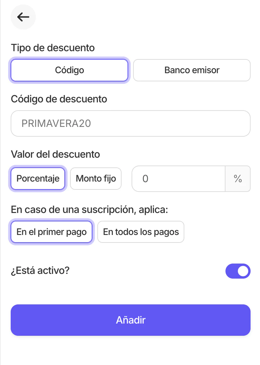 Formulario de descuento tipo Código con campos de código, valor del descuento y duración en suscripciones