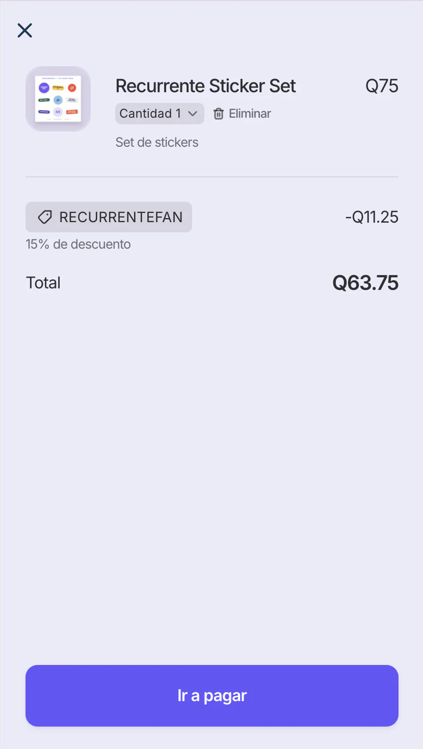 Resumen de compra con el cupón RECURRENTEFAN aplicado: 15% de descuento y total actualizado