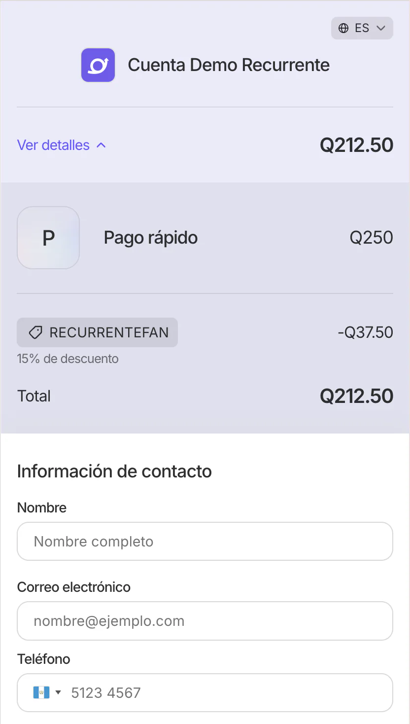 Checkout con detalles expandidos mostrando el descuento RECURRENTEFAN y el total con descuento