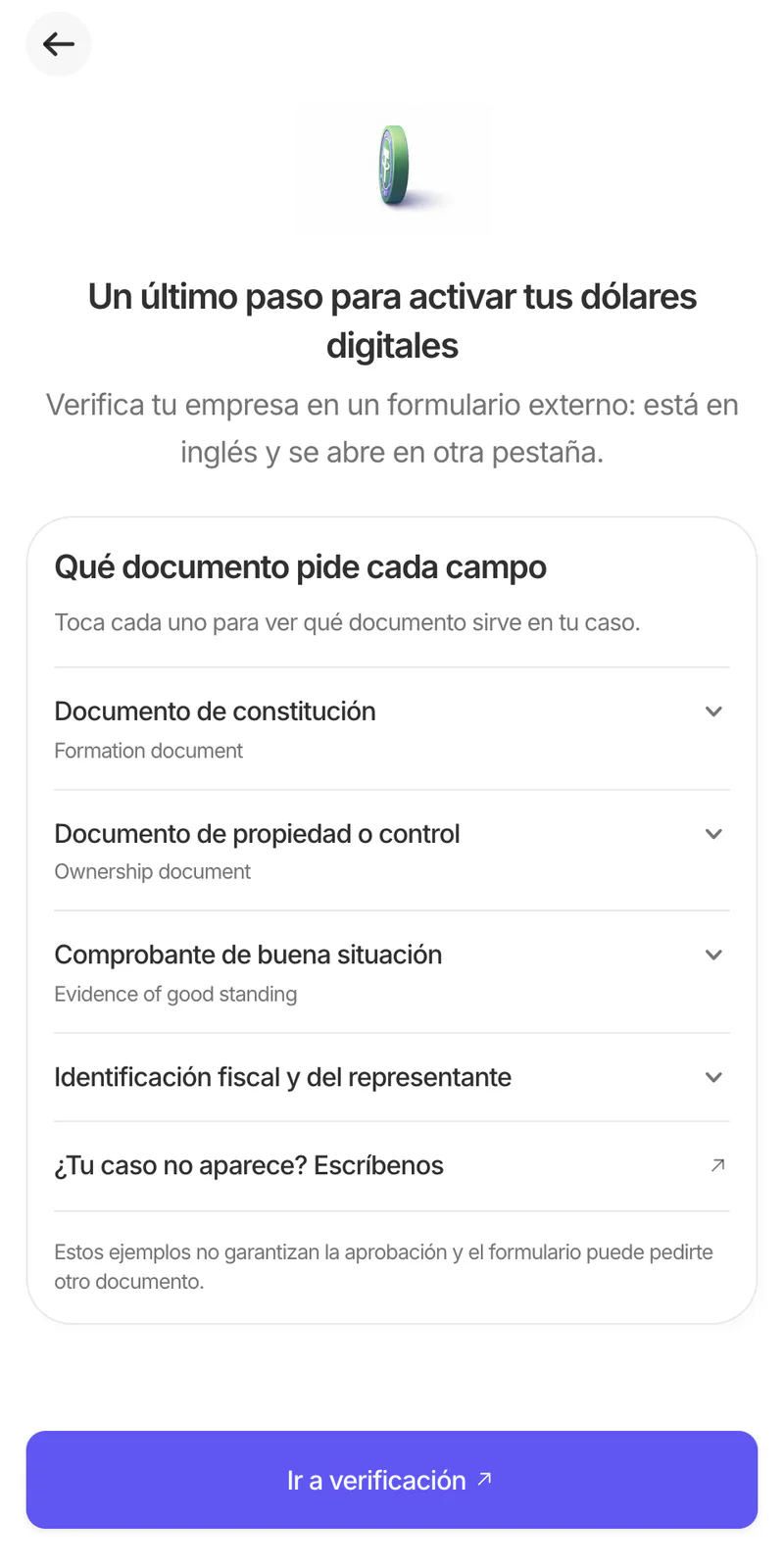 Pantalla de verificación con la lista de campos del formulario y el botón Ir a verificación