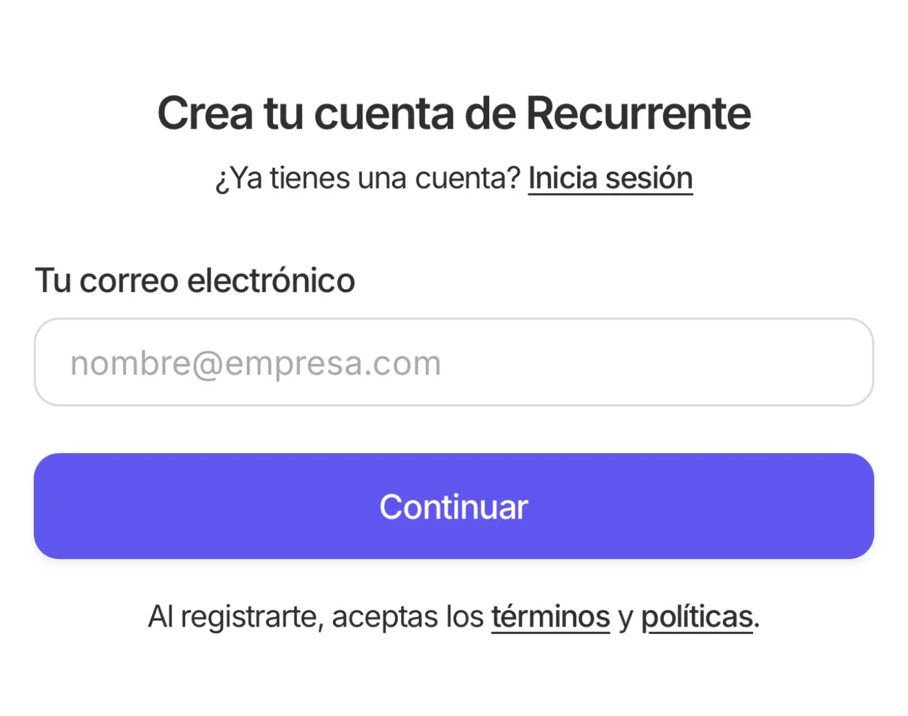 Pantalla de inicio de sesión de Recurrente con campo de correo electrónico y botón Continuar