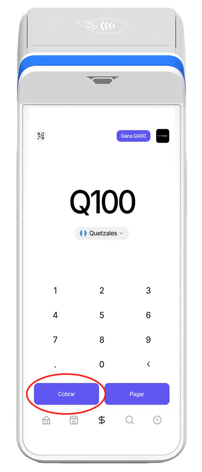 Teclado del POS con un monto de Q100 ingresado y el botón Cobrar resaltado