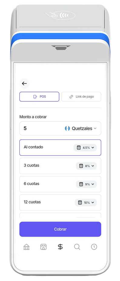 Pantalla del POS para elegir entre pago al contado o en 3, 6 y 12 cuotas antes de Cobrar