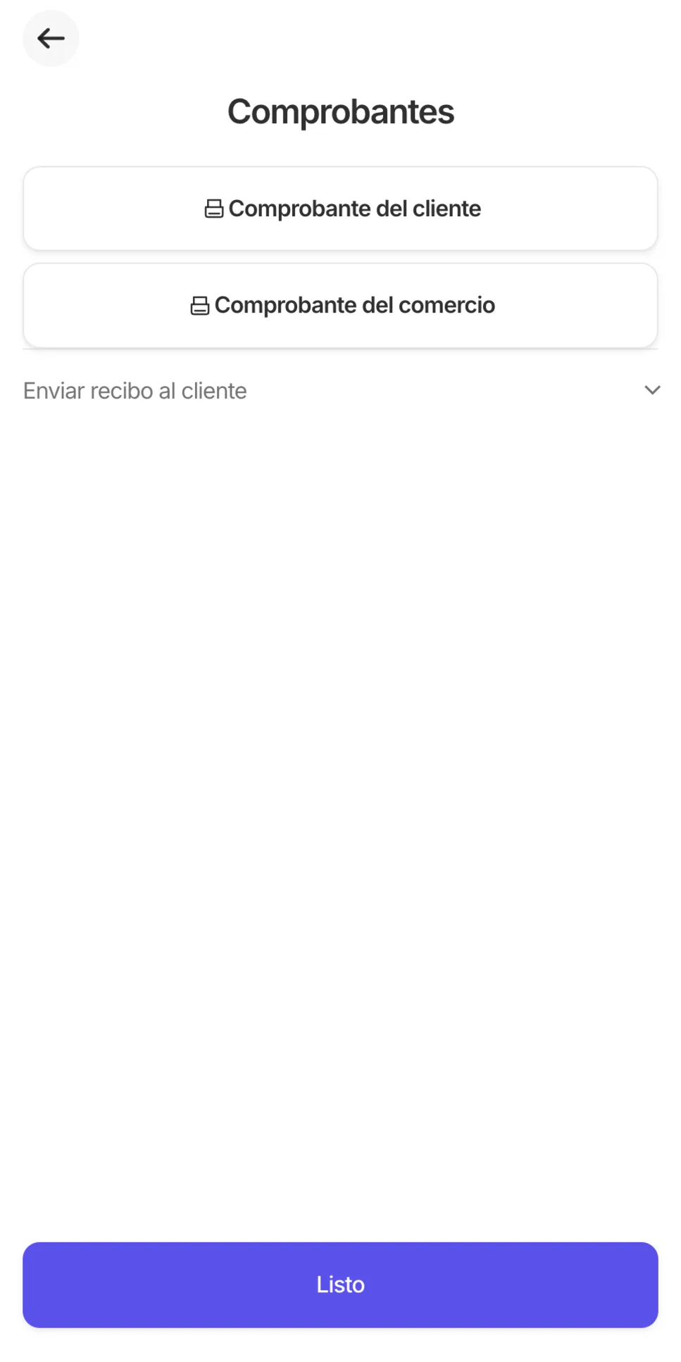 Pantalla de comprobantes con los botones de comprobante del cliente y del comercio