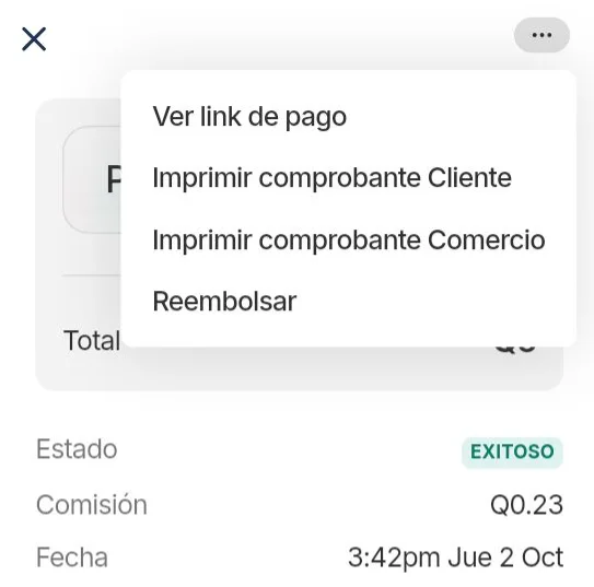 Menú de una transacción en Actividad con las opciones para reimprimir comprobantes