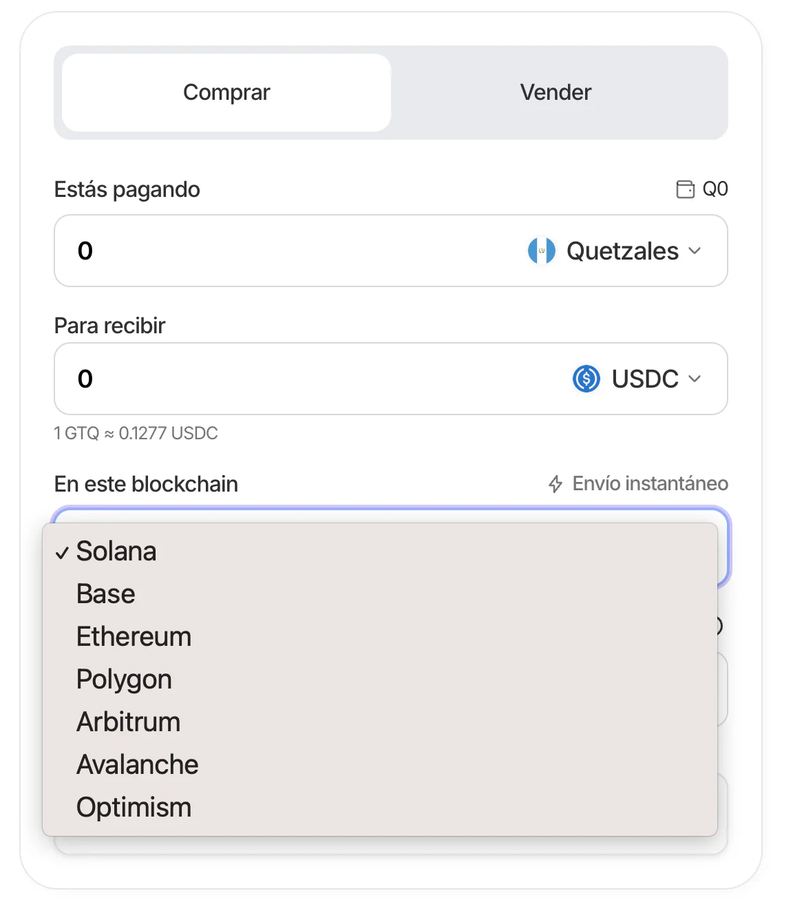 Pantalla de compra de USDC con selección de blockchain
