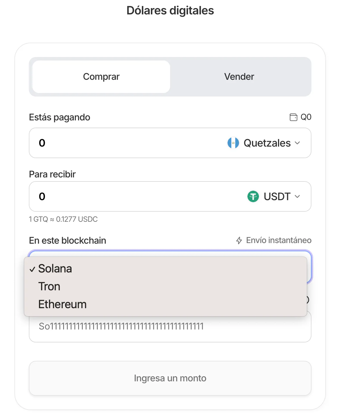 Pantalla de compra de USDT con selección de blockchain