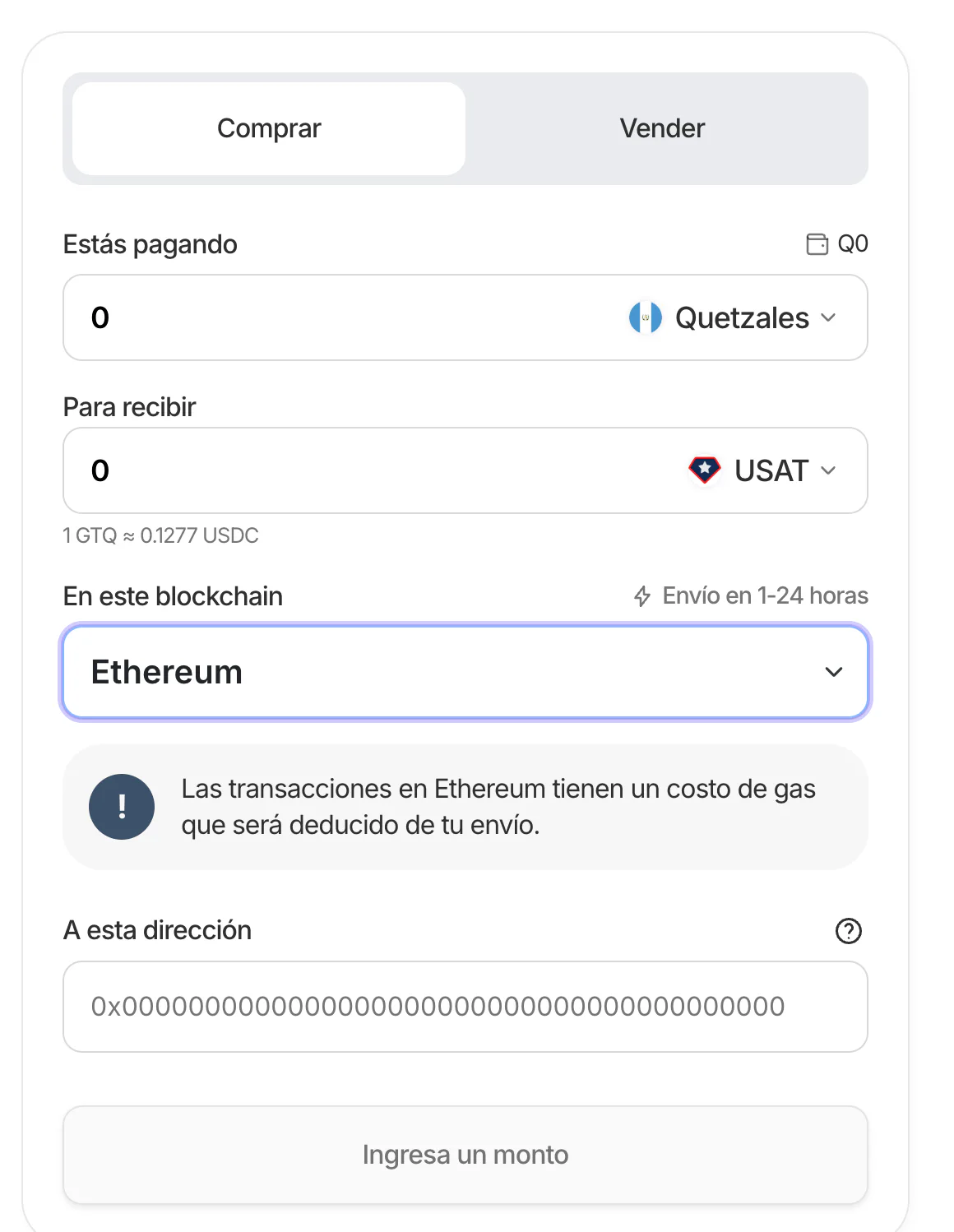 Pantalla de compra de USAT en Ethereum