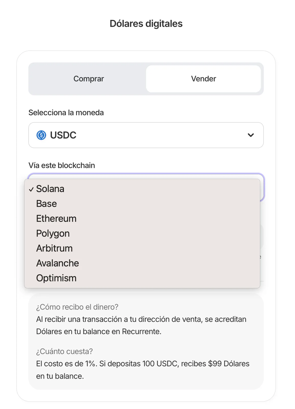 Pantalla de venta de USDC con selección de blockchain