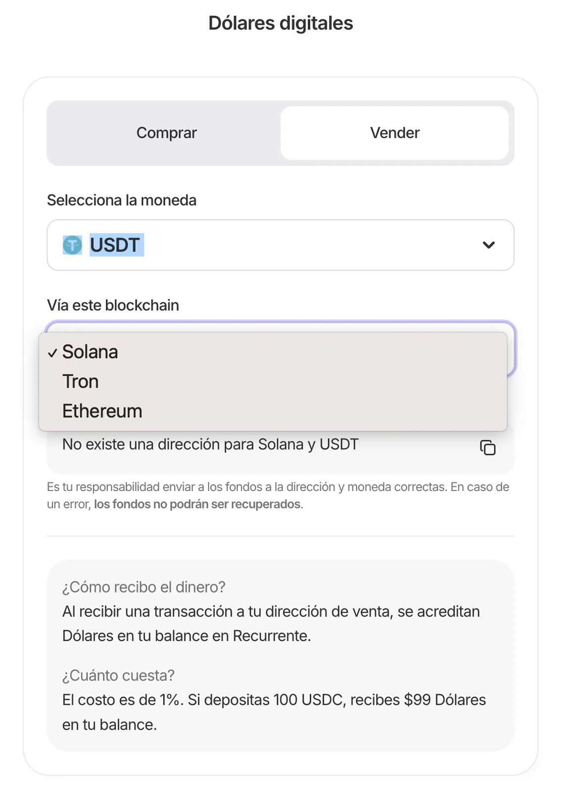Pantalla de venta de USDT con selección de blockchain