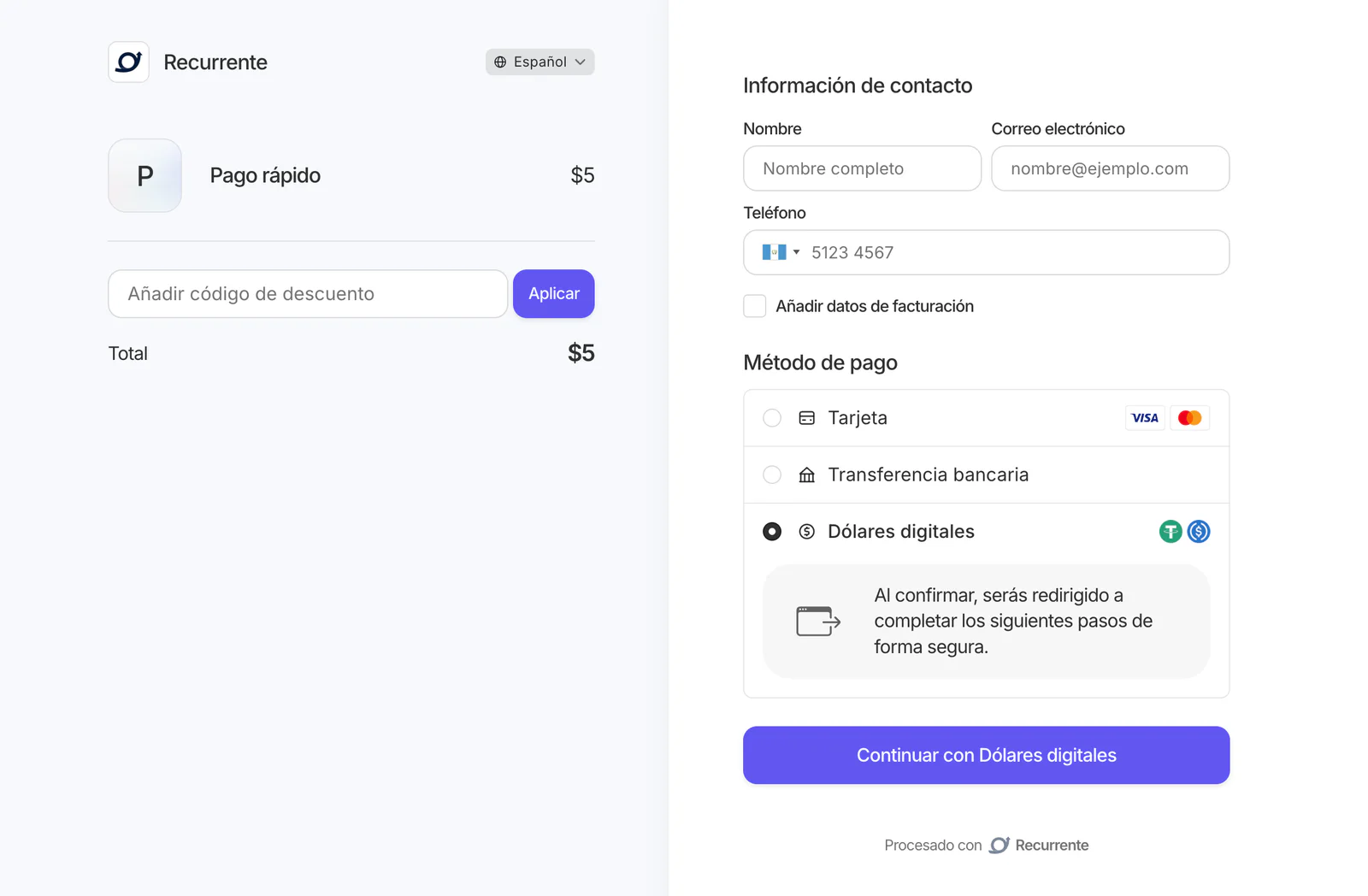 Checkout con Dólares digitales elegido como método de pago, junto a Tarjeta y Transferencia bancaria