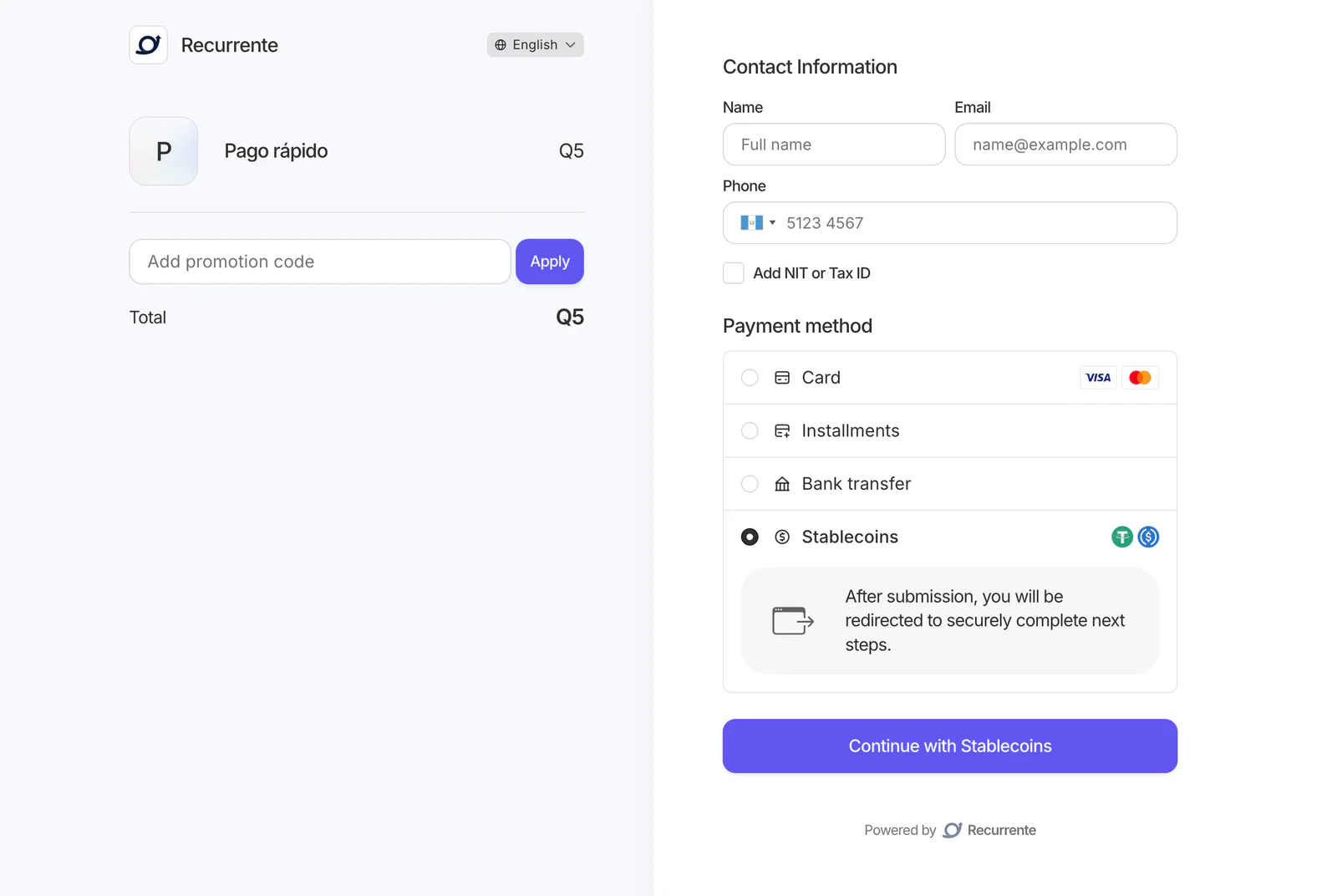 El mismo checkout en inglés, con Stablecoins elegido como método de pago