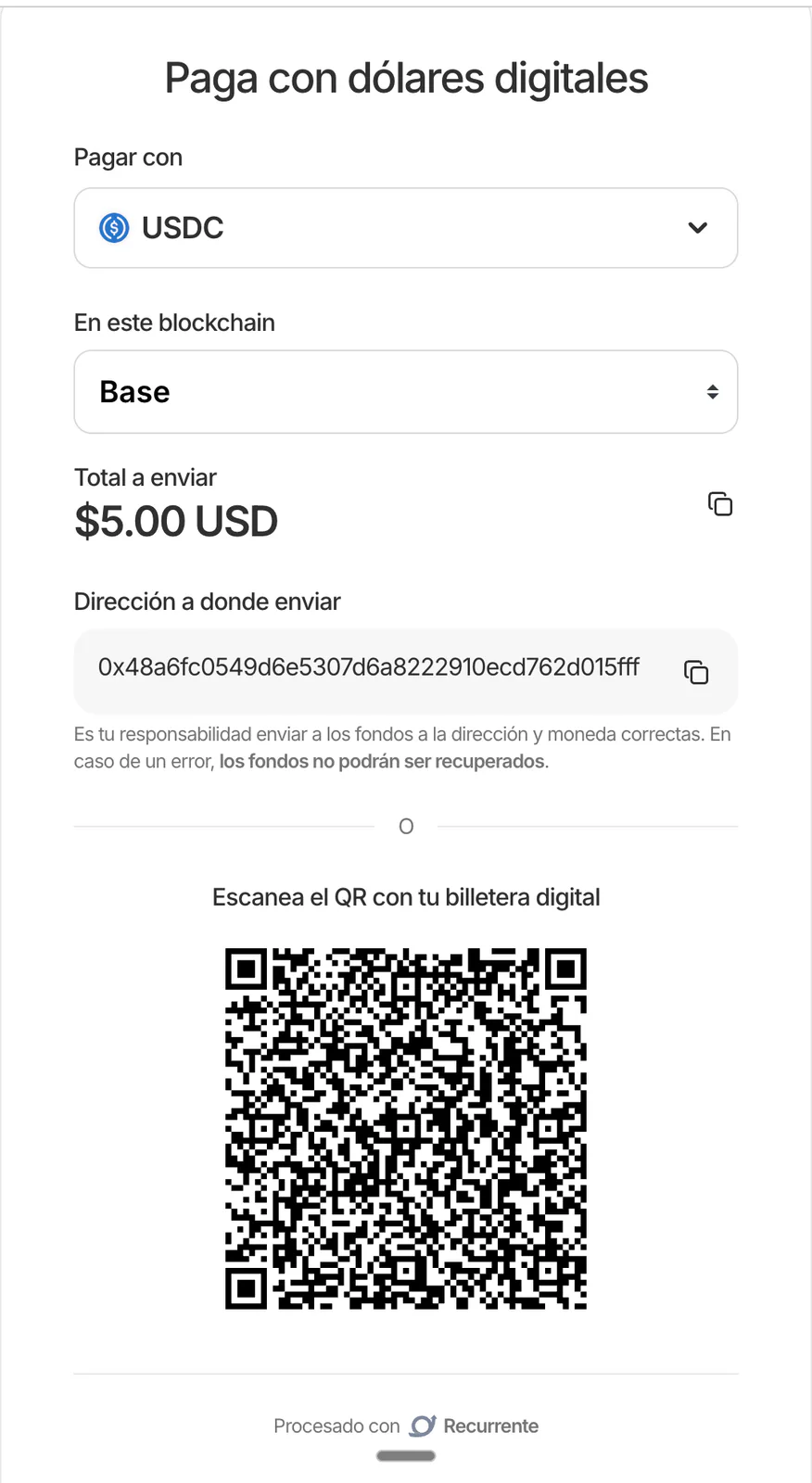 Pantalla de pago en USDC sobre Base: total a enviar, dirección de billetera y código QR para escanear