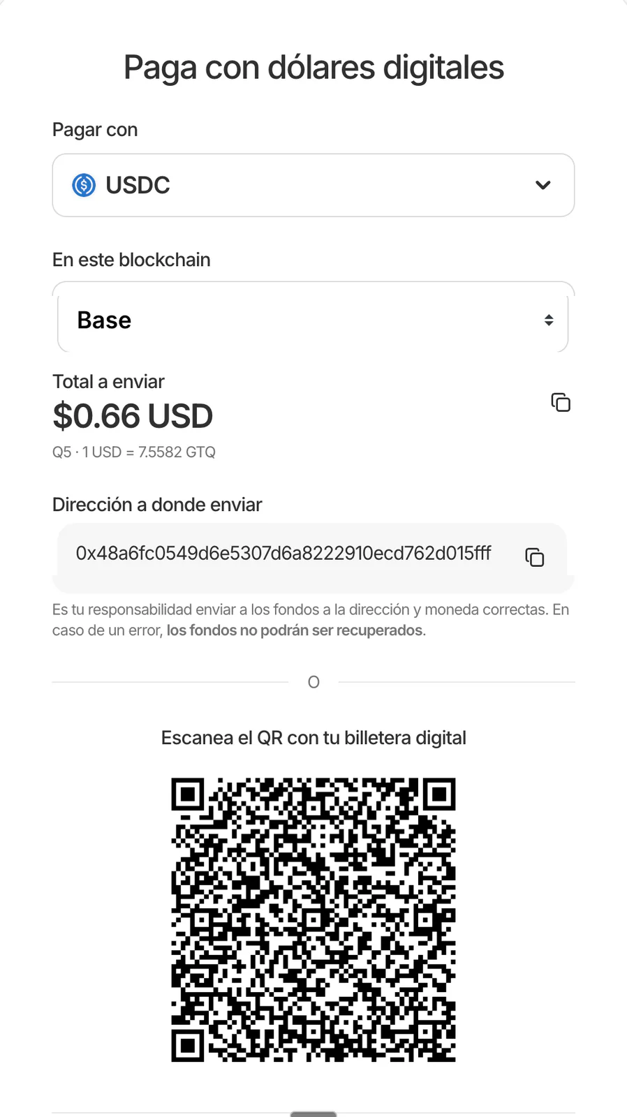 La misma pantalla para un cobro en quetzales, con el monto convertido a dólares y el tipo de cambio usado