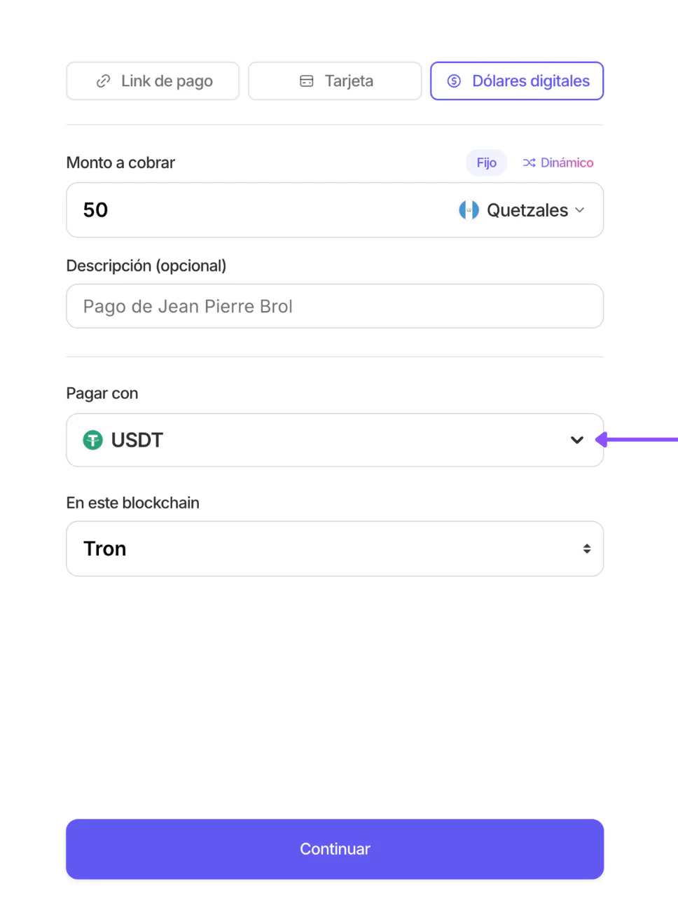 El selector Pagar con abierto sobre USDT al crear el cobro