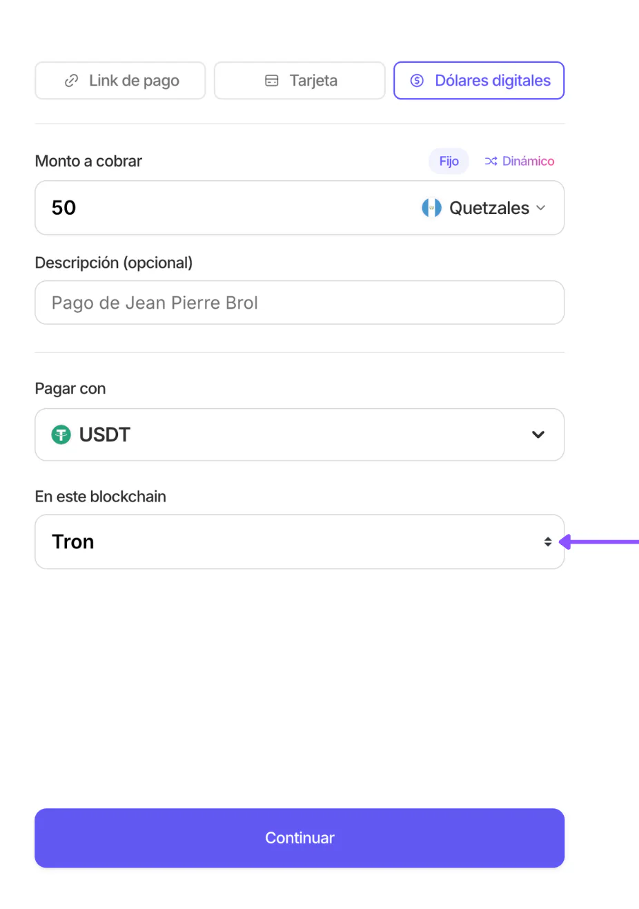 El selector En este blockchain con Tron elegido al crear el cobro
