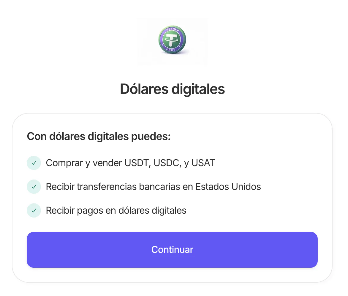 Pantalla de bienvenida de dólares digitales con botón Continuar