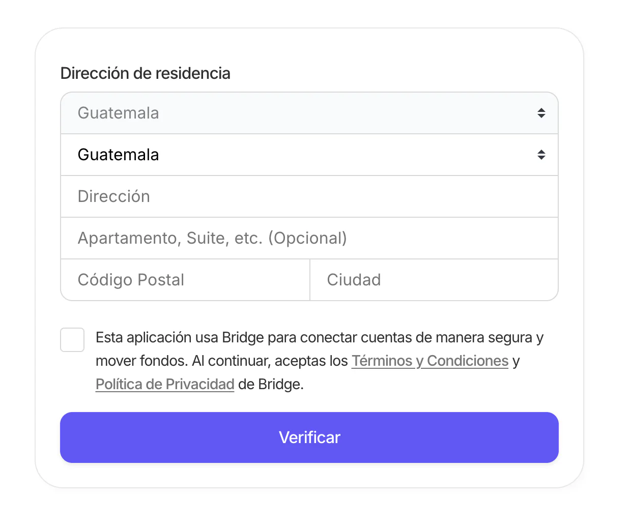 Formulario de dirección de residencia