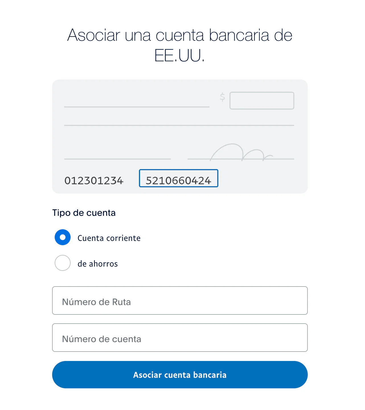 Formulario de PayPal para asociar una cuenta bancaria de EE. UU. con campos de número de ruta y de cuenta