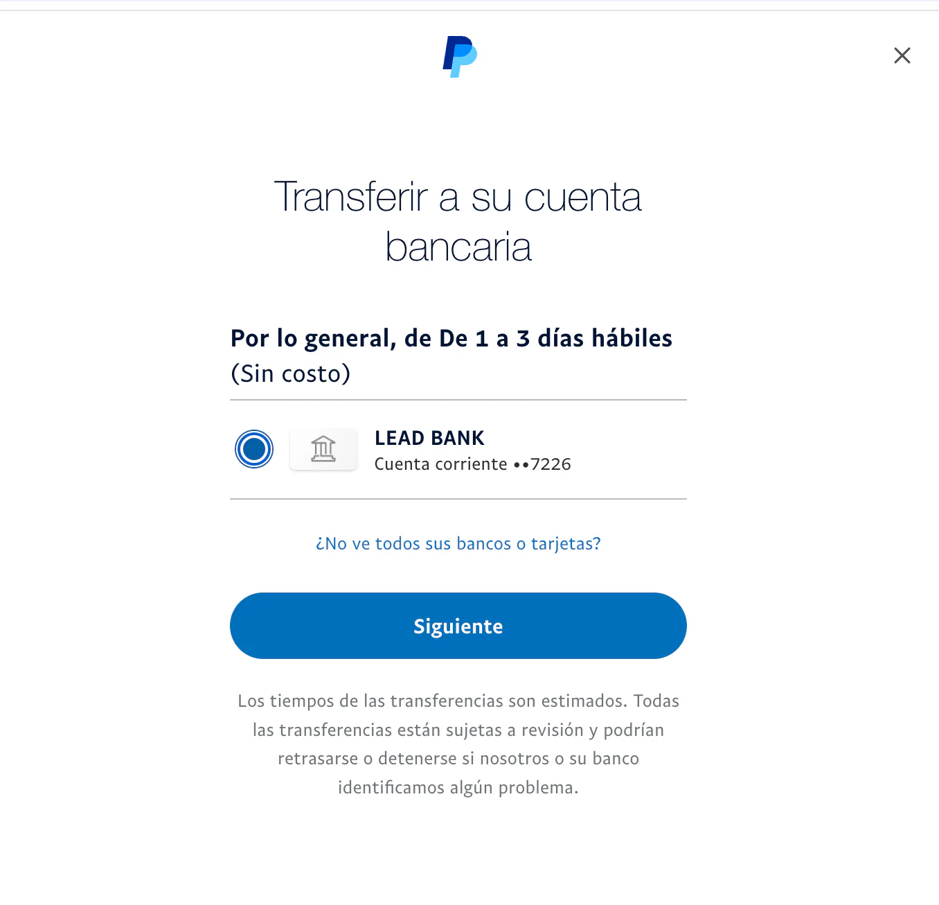 Pantalla de PayPal para transferir a su cuenta bancaria con la cuenta de Lead Bank seleccionada