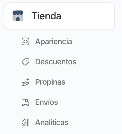 Menú de Tienda con la opción Descuentos entre Apariencia, Propinas, Envíos y Analíticas