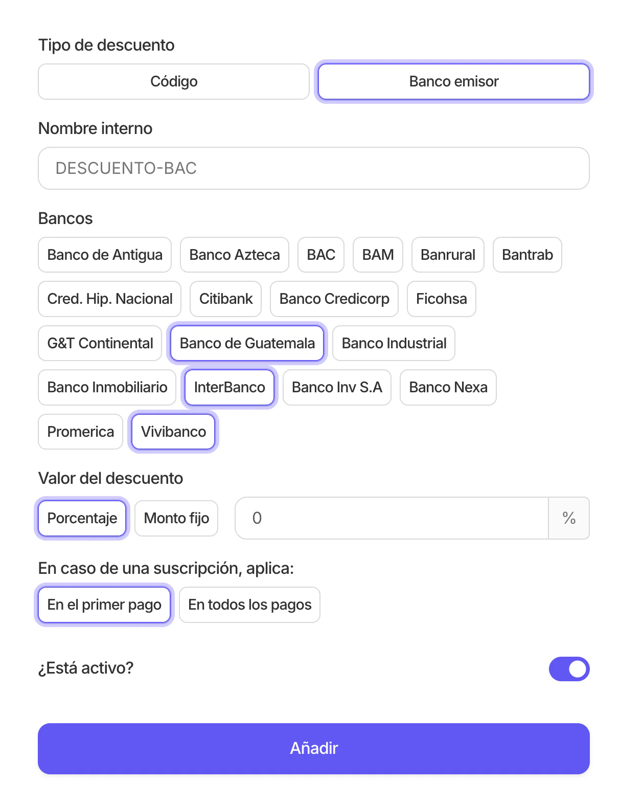 Formulario del descuento con nombre interno, selección de bancos, valor del descuento y botón Añadir