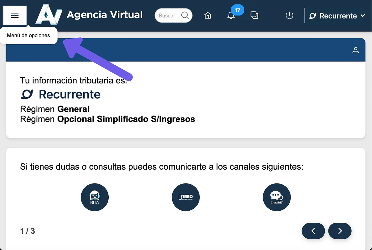Dashboard de la Agencia Virtual con flecha señalando el menú