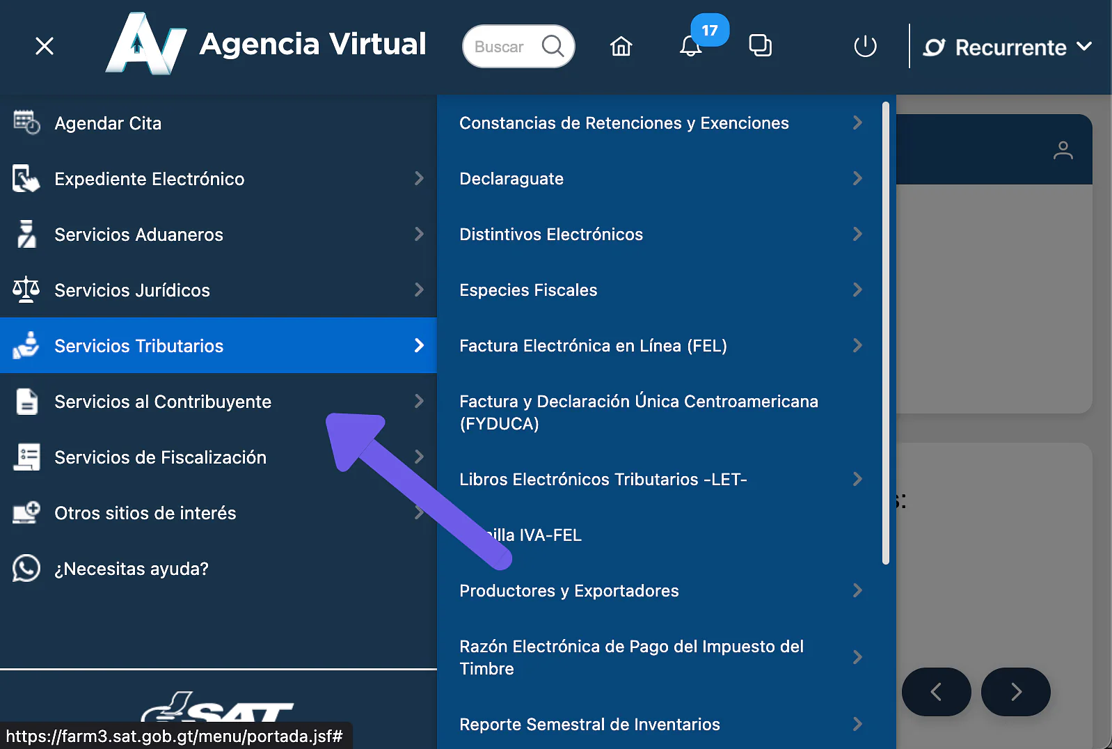 Menú lateral con Servicios Tributarios y opción FEL
