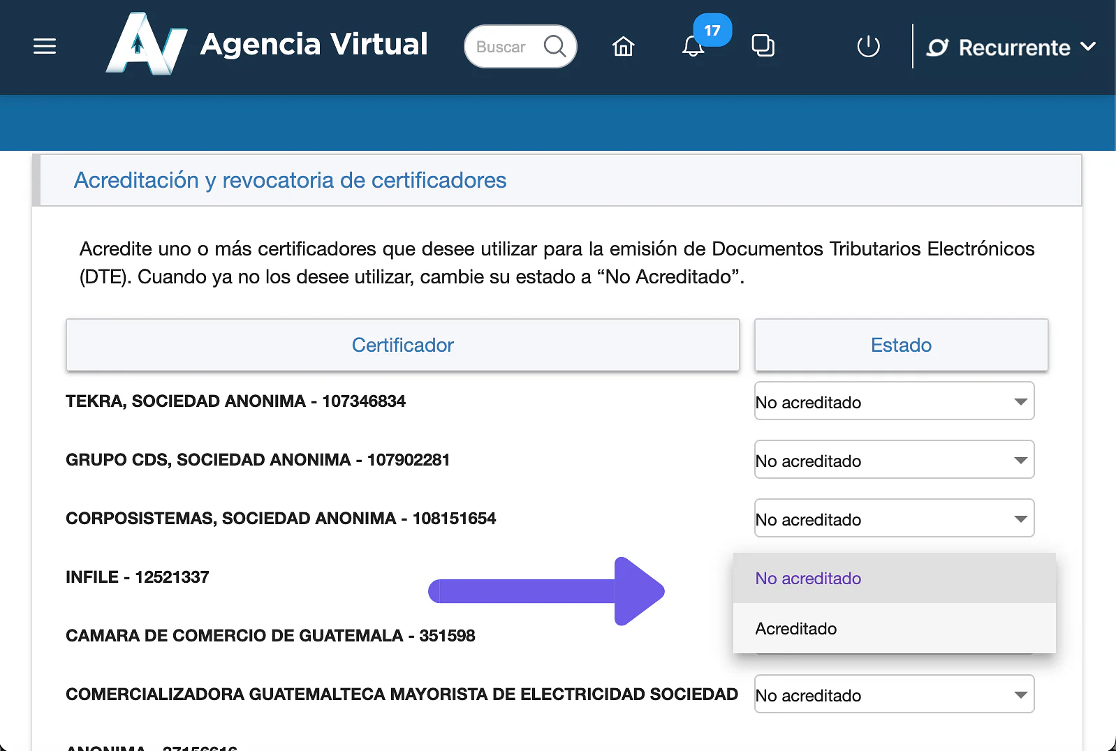 Lista de certificadores con INFILE seleccionado como Acreditado