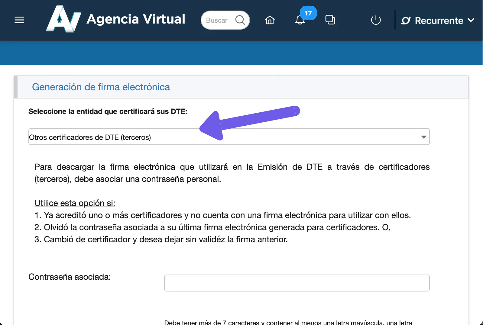 Formulario de Generar Firma Electrónica con desplegable y campo de contraseña