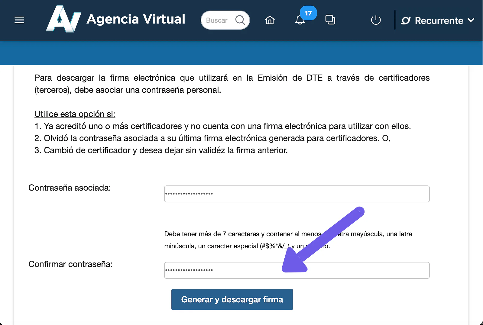 Campos de contraseña y botón Generar y descargar firma