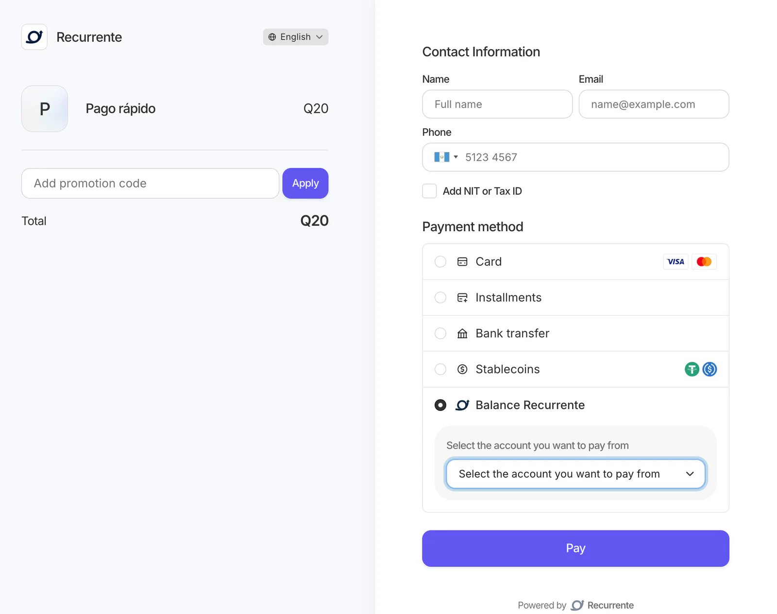 Checkout de Recurrente con la opción Balance Recurrente y desplegable de cuentas