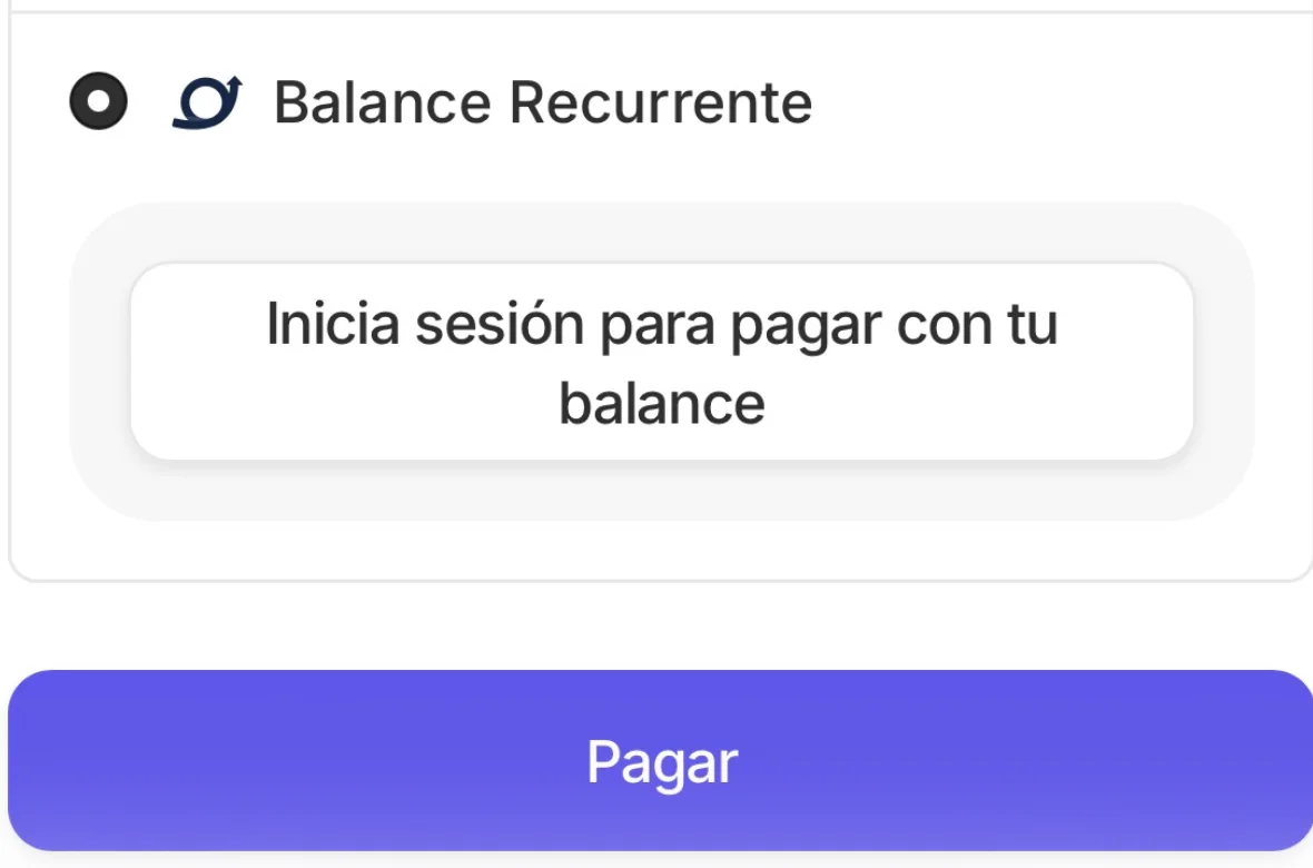 Opción Balance Recurrente con el aviso Inicia sesión para pagar con tu balance