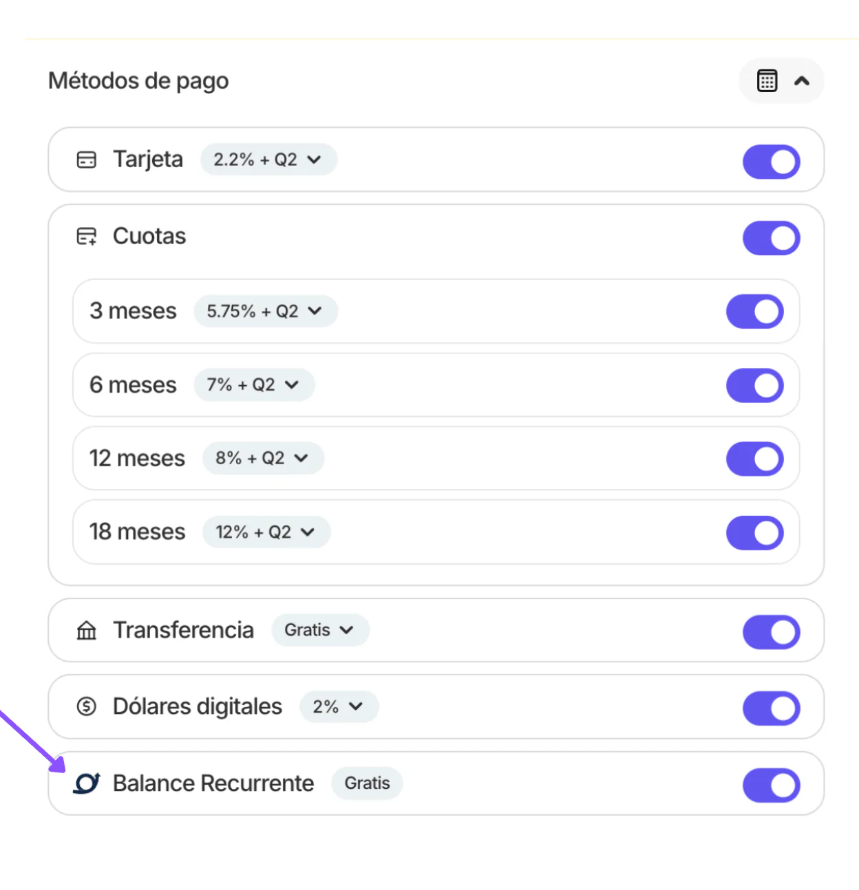 Desplegable de métodos de pago al crear un link, con flecha al interruptor de Balance Recurrente