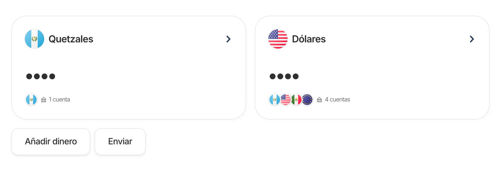 Pantalla de balance con las cuentas en quetzales y dólares y los botones Añadir dinero y Enviar