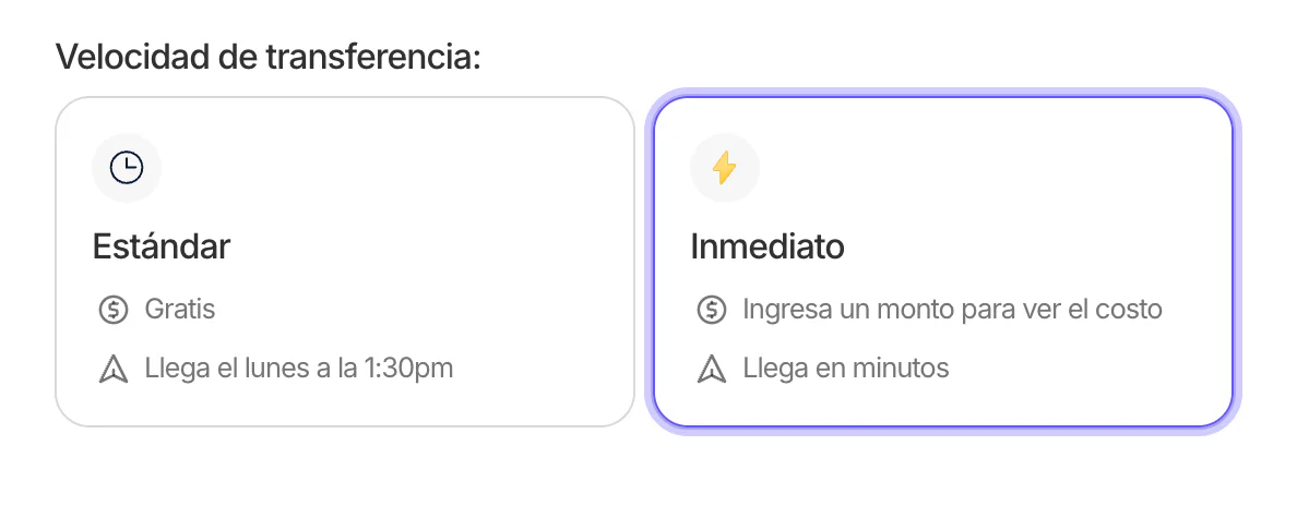 Selector de velocidad de transferencia con la opción Inmediato seleccionada junto a Estándar