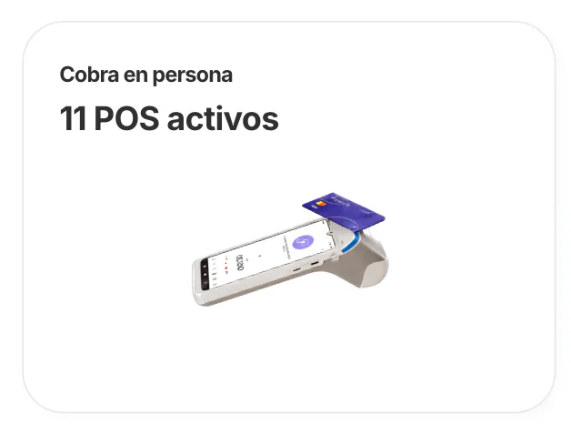 Tarjeta Cobra en persona en la app mostrando 11 POS activos junto a un POS con una tarjeta