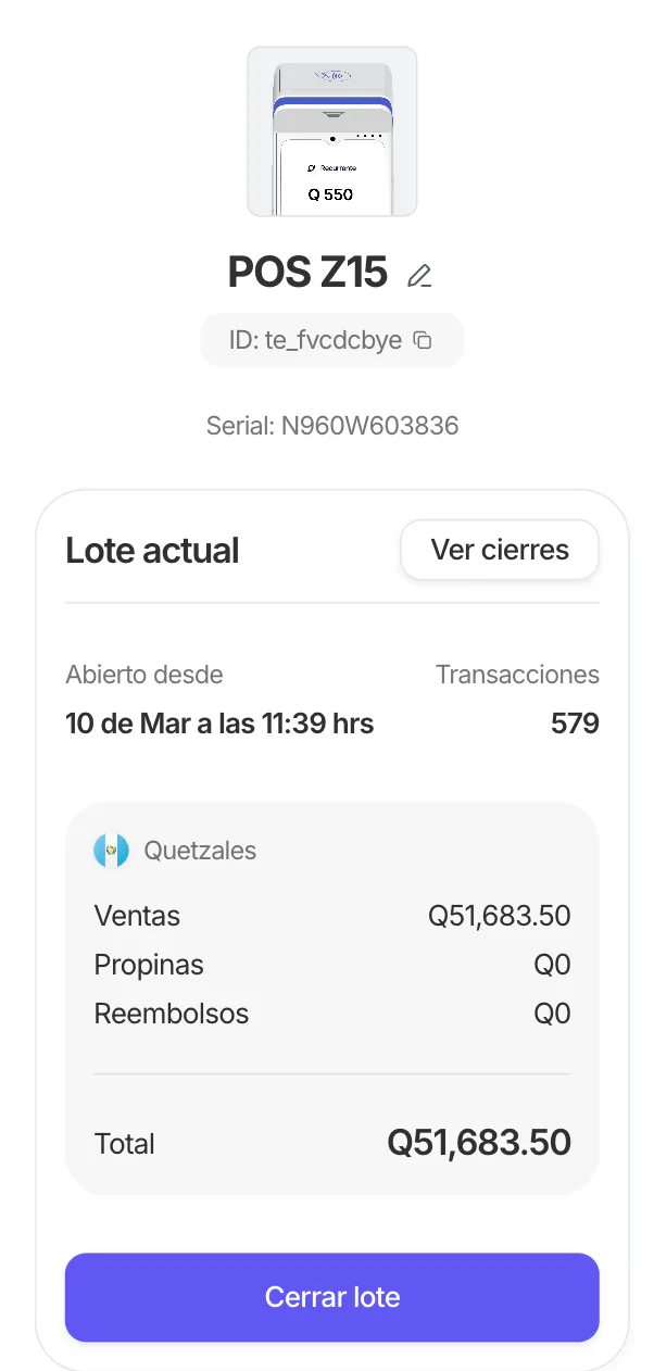 Detalle del POS con el lote actual: apertura, transacciones, totales en quetzales y botón Cerrar lote