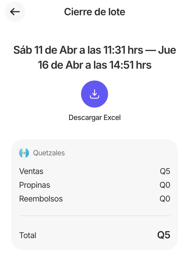 Detalle del cierre de lote con el periodo, la opción Descargar Excel y los totales en quetzales